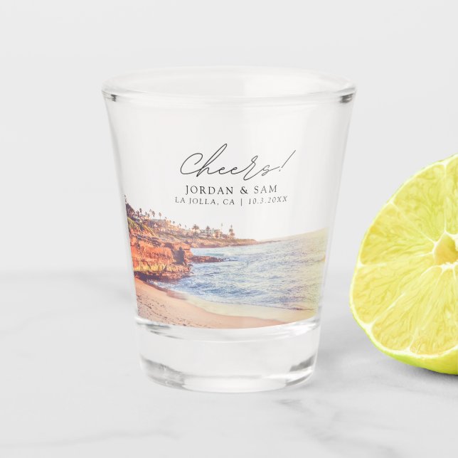 La Jolla Photo Wedding Favour Cheers Shot Glass (Front)