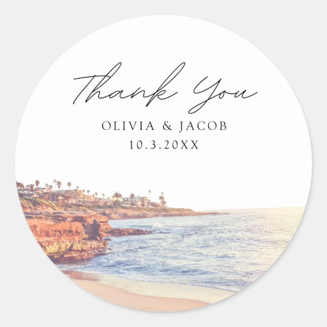 La Jolla Wedding Favour Beach Photo Thank You Classic Round Sticker (Front)