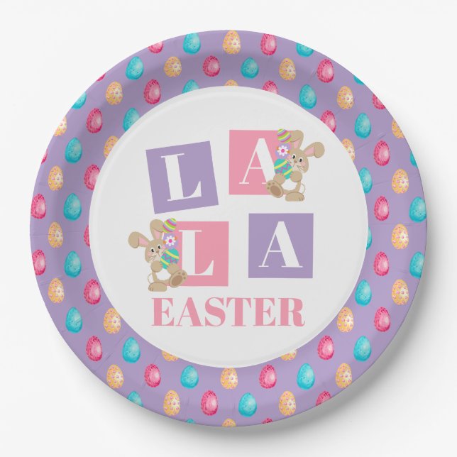 La La Easter Bunny Egg Hunt Party Paper Plate (Front)
