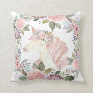 La licorne rougissent fille florale de coussin de