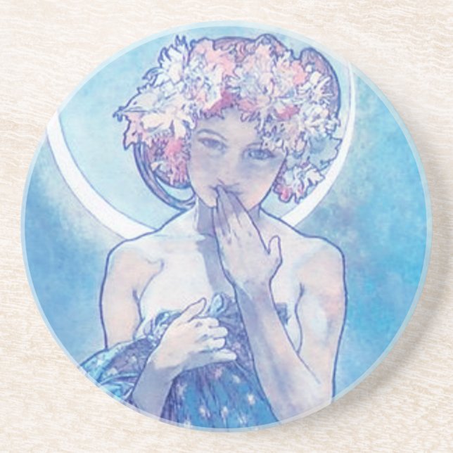 "La Lune" de Mucha, Dessous de verre de grès bleu (Devant)