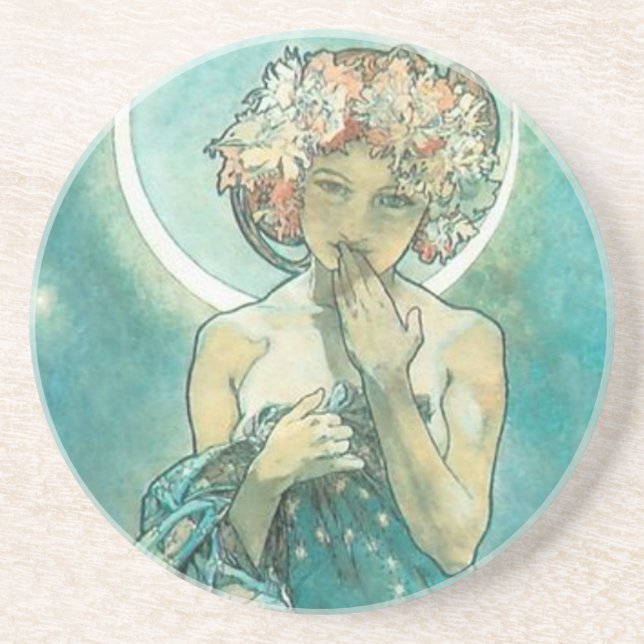"La Lune" de Mucha, Dessous de verre de grès vert (Devant)