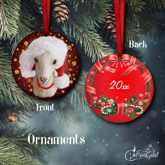 La Mancha Chèvre Santa Hat Ornement de Noël (Pretty oil portrait of a  LaMancha dairy goat in Santa hat , gold snowflakes - dated #zazzlemade )