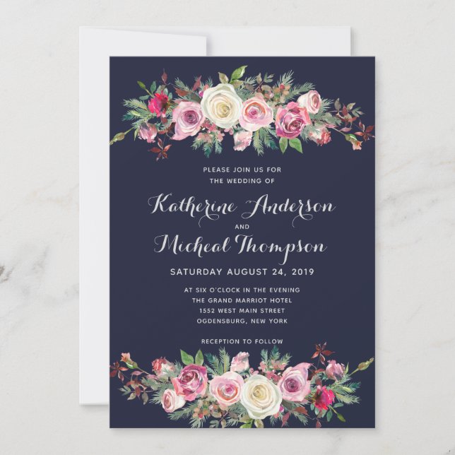 La marine rougissent faire-part de mariage floral (Devant)