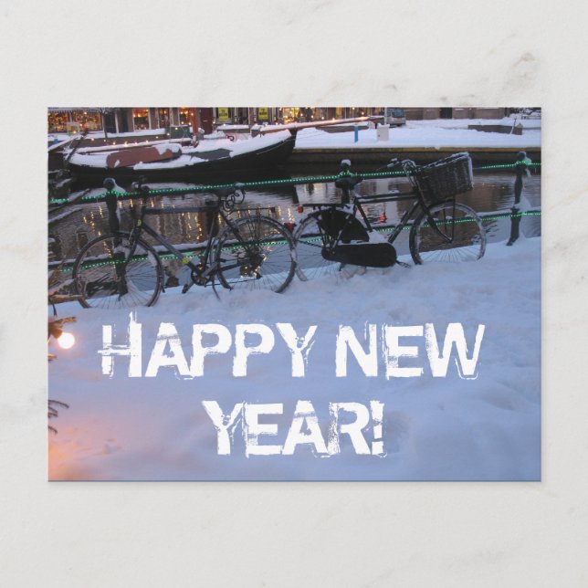 La neige de bonne année va à vélo la carte postale (Devant)