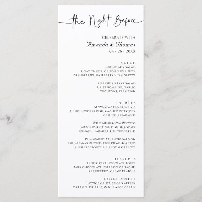La nuit avant le dîner de répétition Menu 4 x 9" (Devant)
