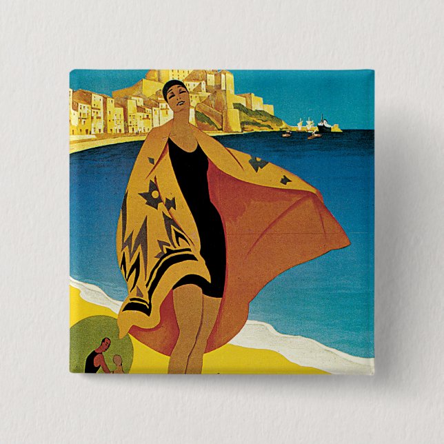 La Plage de Calvi, Corse 2 Inch Square Button (Front)
