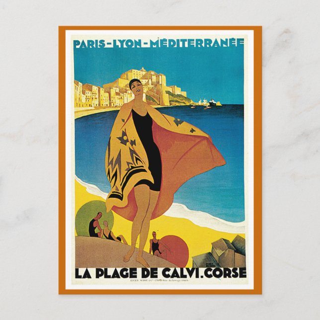 " La Plage de Calvi" Vintage Travel Poster Postcard (Front)
