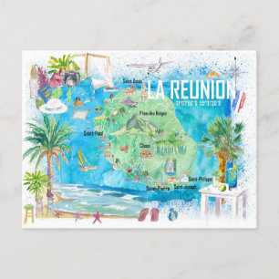 La Reunion Illustrated Island Travel Map  Postcard