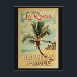 La Romana Palm Tree Vintage Travel Postcard<br><div class="desc">A uniquely retro mid-century modern La Romana Dominican Republic art print in vintage travel poster style. It features a curved palm tree on sandy beach with ocean under a blue cloudy sky.</div>