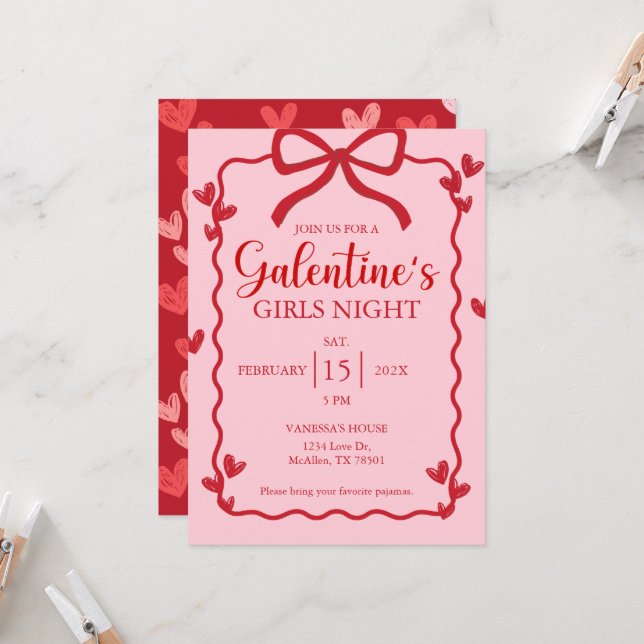 La Saint-Galentin Rouge Ruban Bow Girly Invitation (Devant/Arrière en situation)