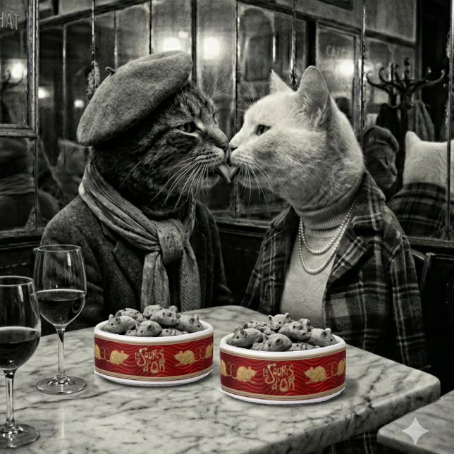La Souris d'Or_Ruby Enamel Personalized Cat Bowl  (Kisses and Mice are very nice.)