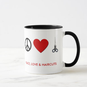 La tasse de café de coiffeur - paix, amour, coupe