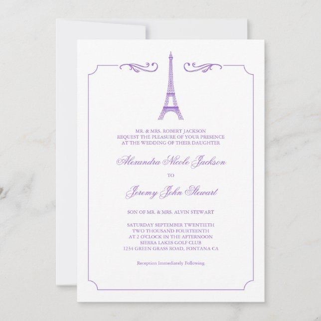 La Tour Eiffel dans la Lavande Elégante invitation (Devant)