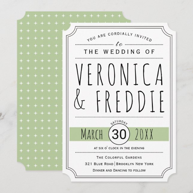 La typographie moderne faire-part de mariage vert  (Devant / Derrière)