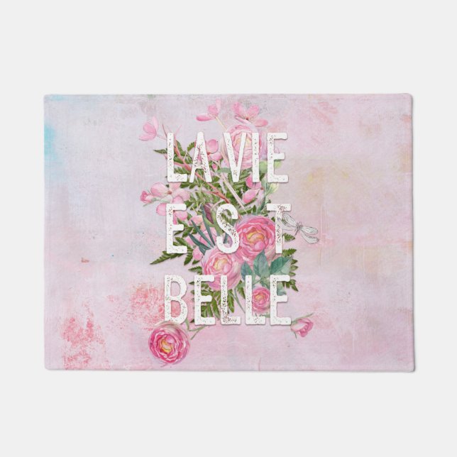 La vie est belle-Flower Floral Life Beautiful Doormat (Front)