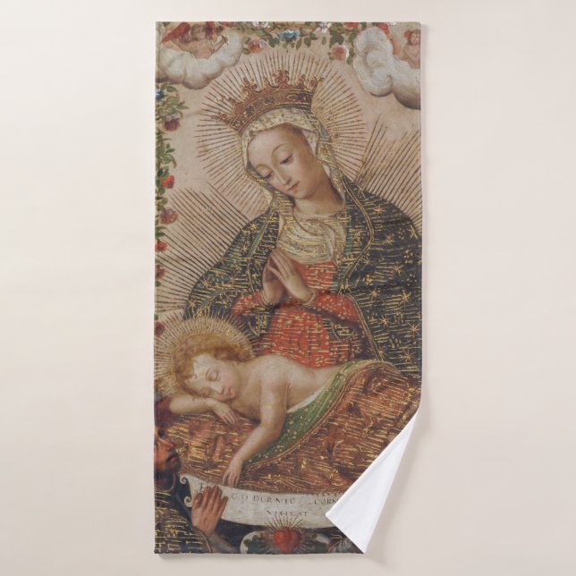 La Vierge adorant le Christ Enfant Noël (Serviette de bain)