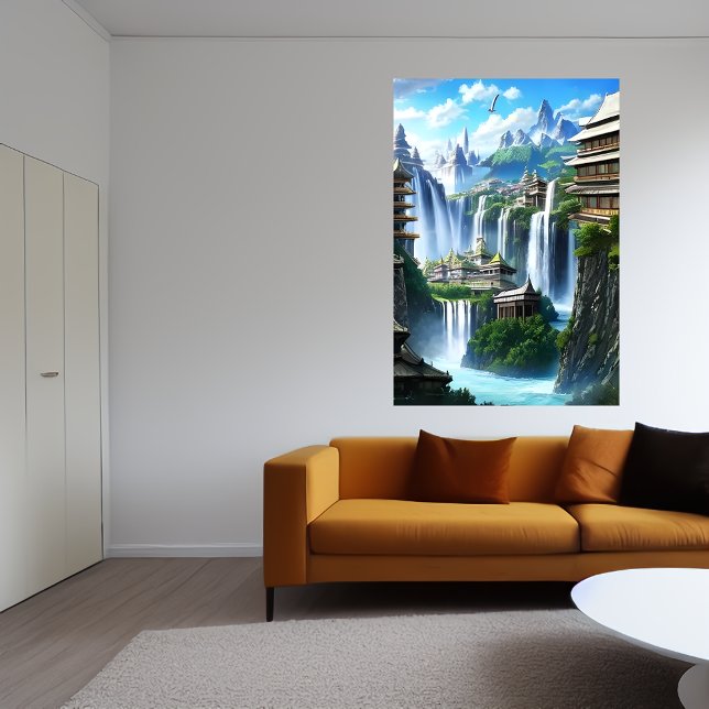 La ville et la grande cascade | AI Art Poster (Créateur téléchargé)