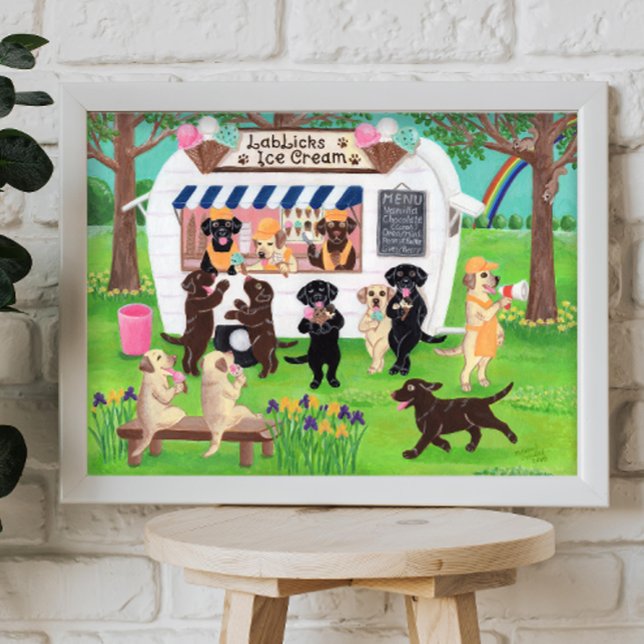 Lab Licks Ice Cream Labradors Poster (Lab Licks Ice Cream Shop Poster for Labrador Owners.  Whimsical Labrador Art Print.)
