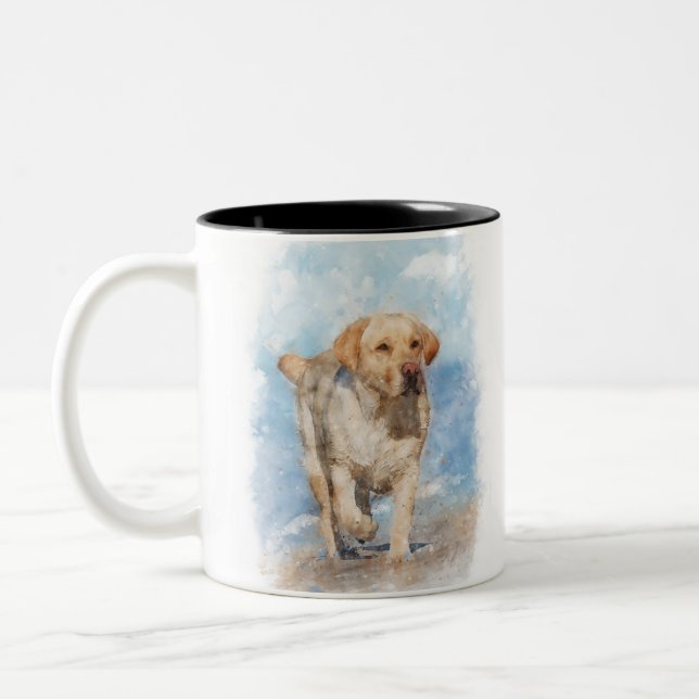 Lab on the beach watercolor Two-Tone coffee mug (Left)