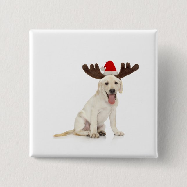Lab Puppy Wearing Antlers 2 Inch Square Button (Front)