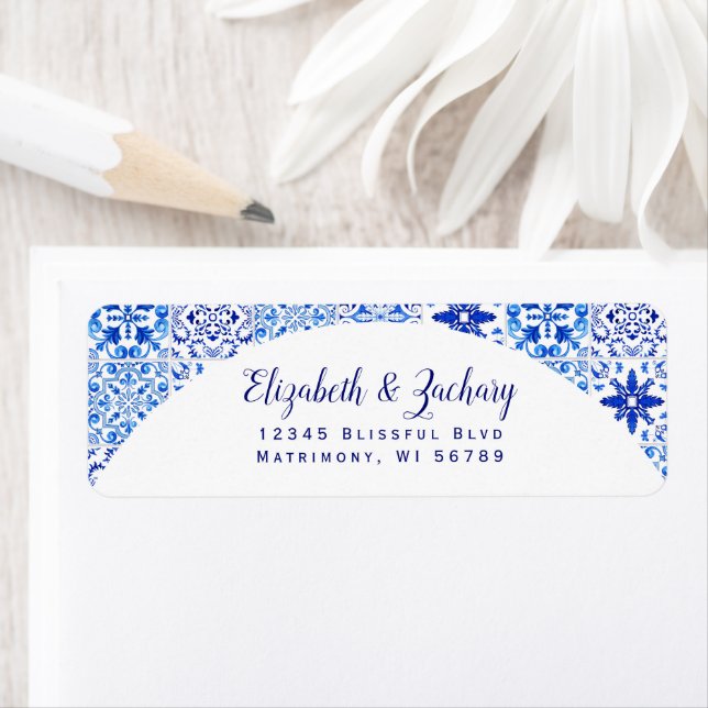 Label Mariage de retour Blue Azulejos Arch (En situation)