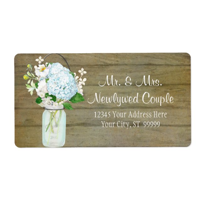 Labels Rustic Country Mason Jar Blue Hydrangeas (Front)