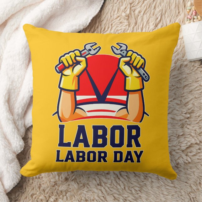 Labor Day Strong Worker Pride Illustration Throw Pillow (Blanket)