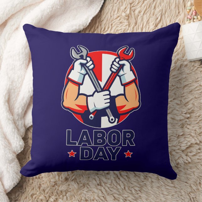 Labor Day Tools Crossed Worker Design Throw Pillow (Blanket)