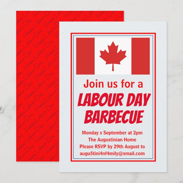 LABOUR DAY BBQ BARBECUE Canada Flag Customized Invitation (Front/Back)