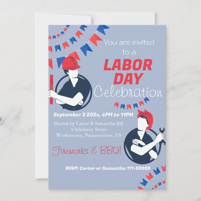 Labour Day BBQ Party Worker Patriotic Summer Invitation (Front)