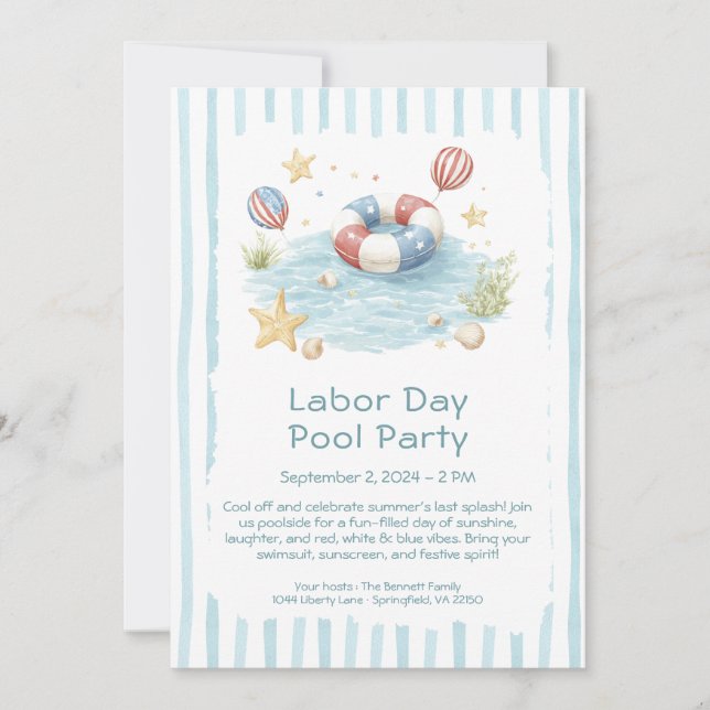 Labour Day Pool Party Red White and Blue Invitatio Invitation (Front)