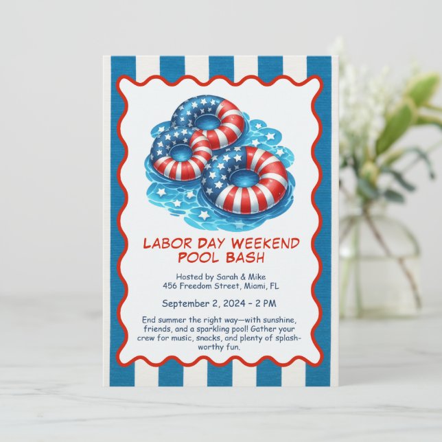 Labour Day Pool Party Red White and Blue Invitatio Invitation (Standing Front)