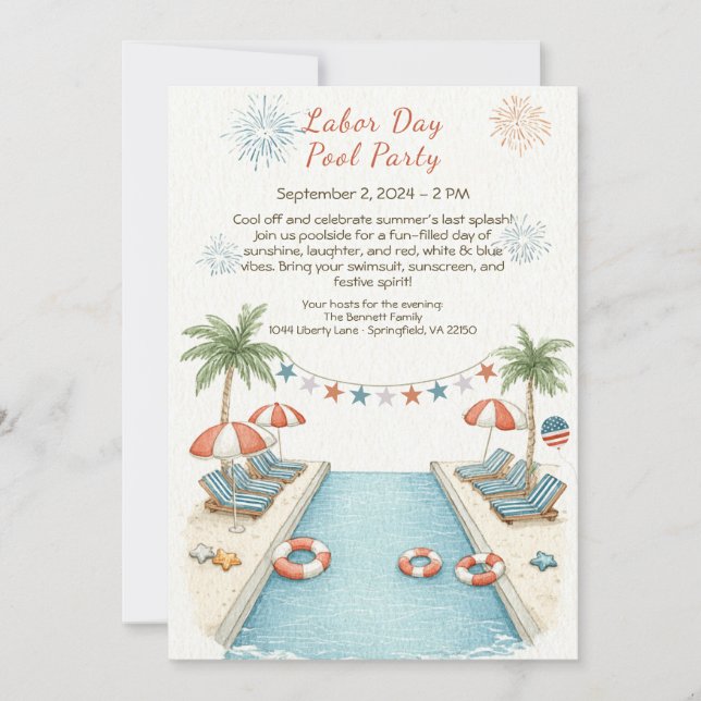 Labour Day Pool Party Red White and Blue Invitatio Invitation (Front)