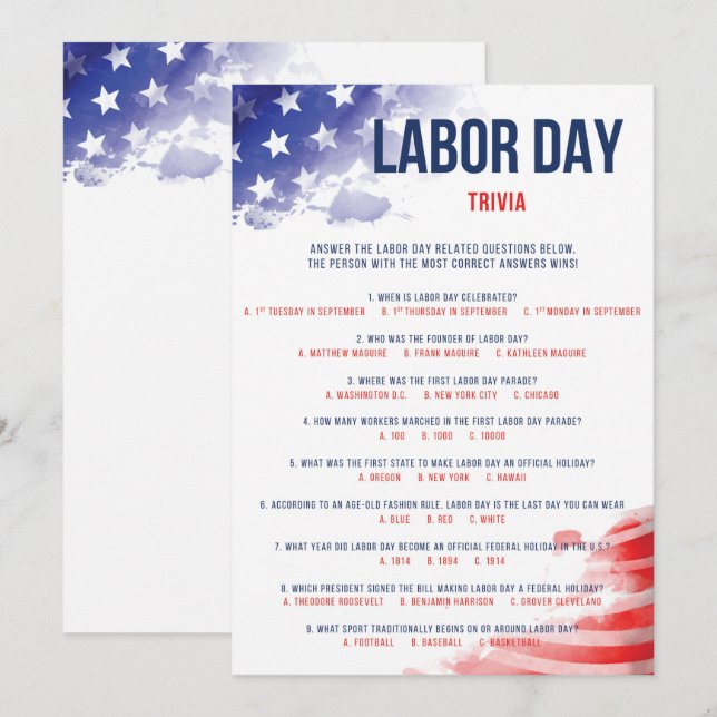 Labour Day Trivia Game USA Quiz Red White & Blue (Front/Back)