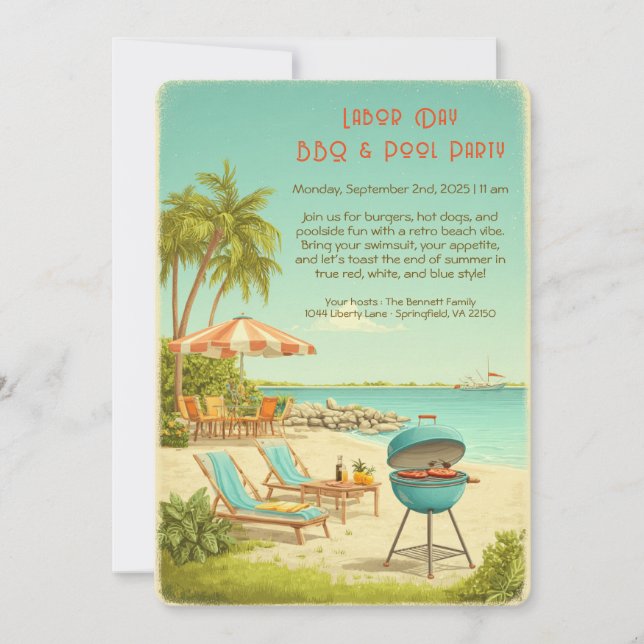 Labour Day Vintage BBQ & Pool Party Invitation  (Front)