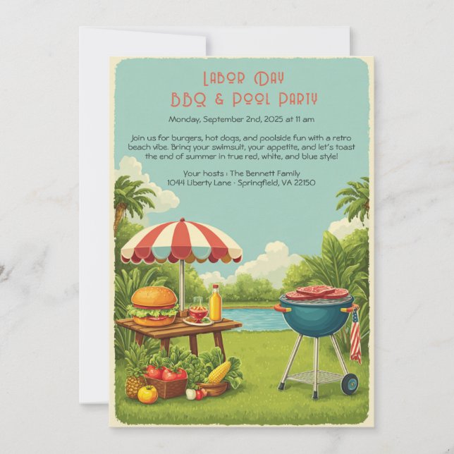 Labour Day Vintage BBQ & Pool Party Invitation  (Front)