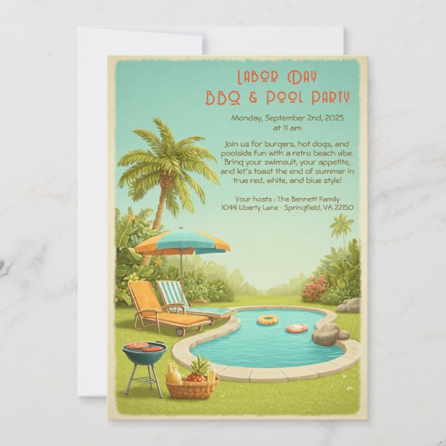 Labour Day Vintage BBQ & Pool Party Invitation  (Front)