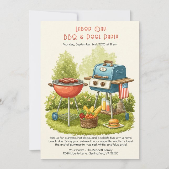 Labour Day Vintage BBQ & Pool Party Invitation  (Front)