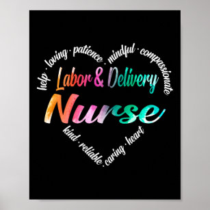 Labour & Delivery Nurse Heart Word Cloud Watercolo Poster