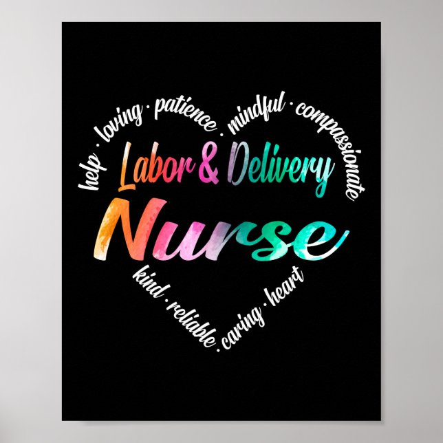 Labour & Delivery Nurse Heart Word Cloud Watercolo Poster (Front)