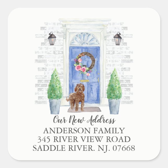 Labradoodle Blue Door New Address Label Sticker (Front)