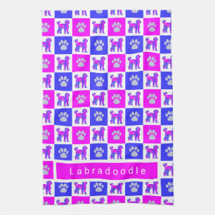 Labradoodle Dog & Paw Hot Pink & Blue Tea Towel