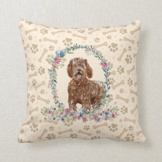 Labradoodle Dog Paw Print & Floral Cute Throw Pillow