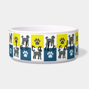 Labradoodle Dog & Paw Yellow & Blue Grid Dog Bowl