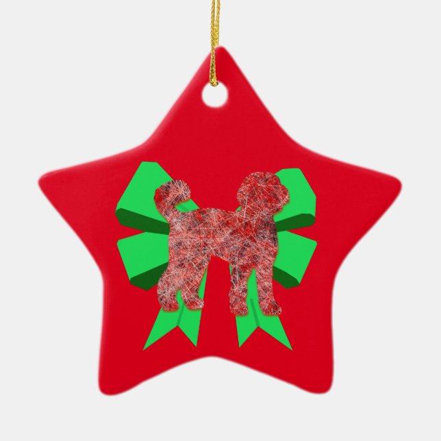 Labradoodle Dog Silhouette Green Bow Christmas Ceramic Ornament (Front)