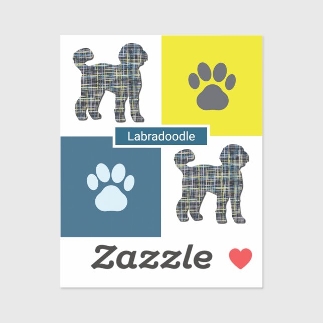 Labradoodle Dog Silhouette & Paw Y&B Grid Sticker (Sheet)