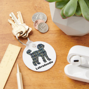 Labradoodle Dog Silhouette Yellow & Blue Grids Keychain