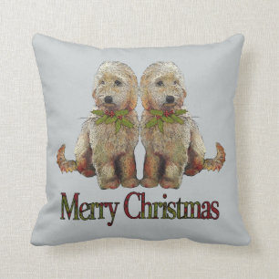 Labradoodle Puppy Couple with Christmas Holly Throw Pillow
