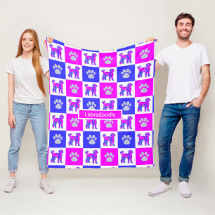 Labradoodle Silhouette Dog & Paw Hot Pink and Blue Fleece Blanket